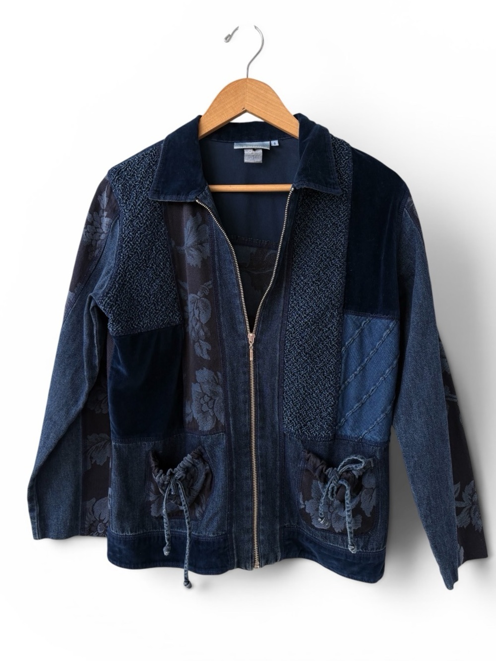 Marsha Sport Patchwork Zip Jacket Blue Floral Velvet Mixed Media USA Small